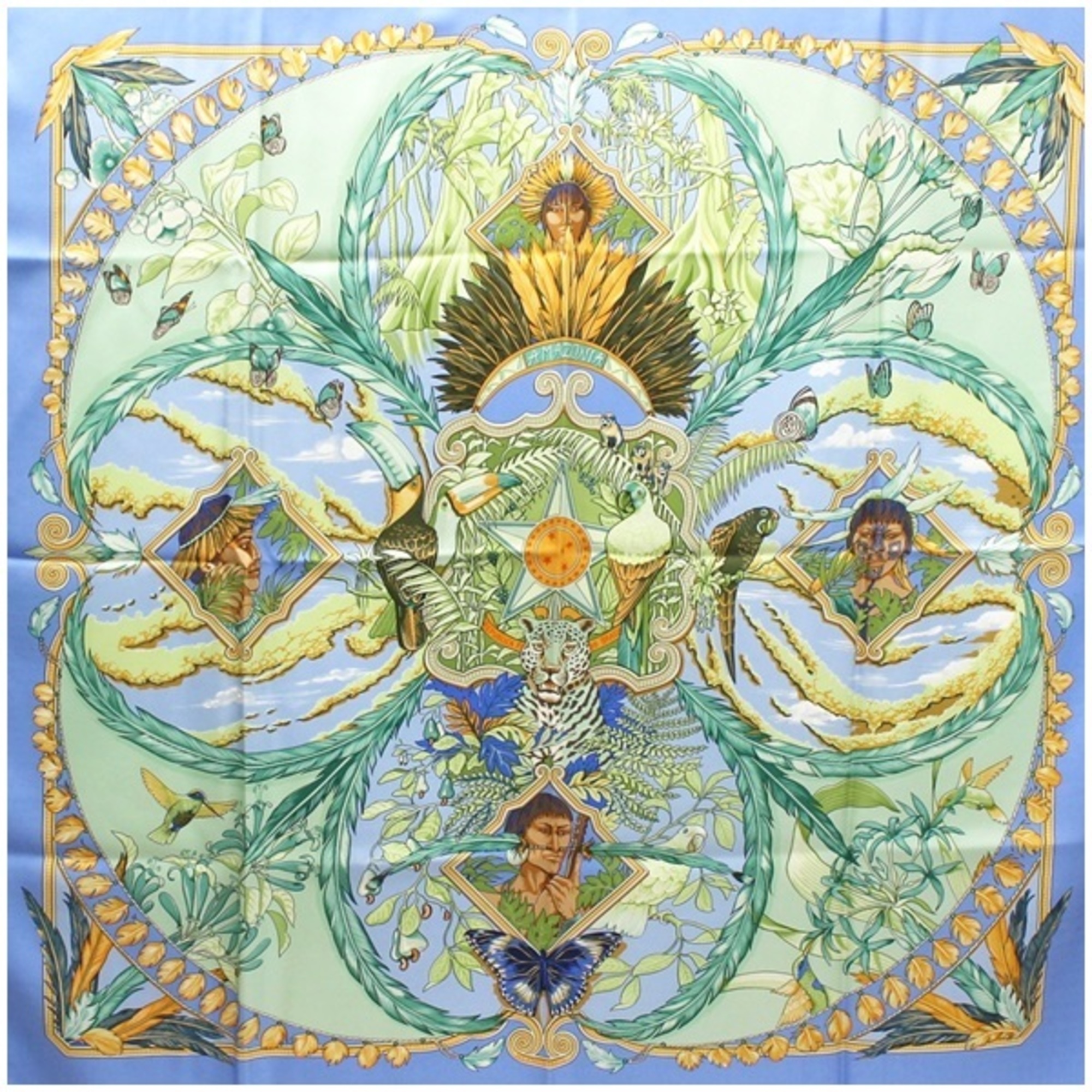 Hermes Silk Scarf Muffler Carre 90 Amazonia Amazonia Light Blue Women's
